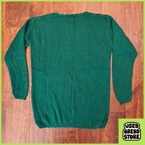 Vintage 90s Cable Knit Scalloped Henley Sweater Womens M Green Cascade Blues - Picture 4 of 5